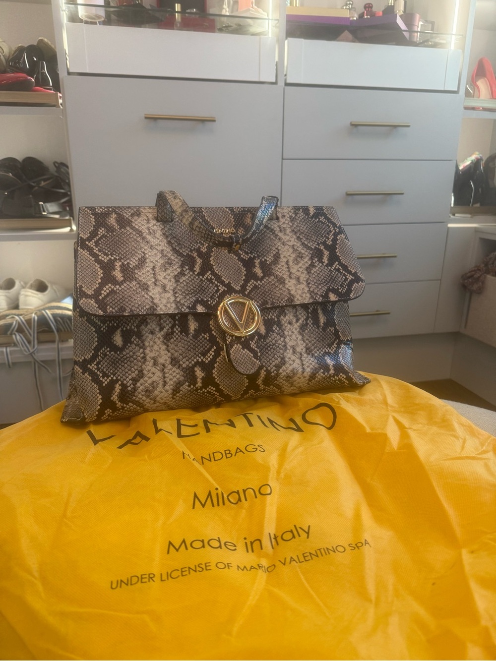 Valentino Python-Print Top Handle Satchel in Black and Brown